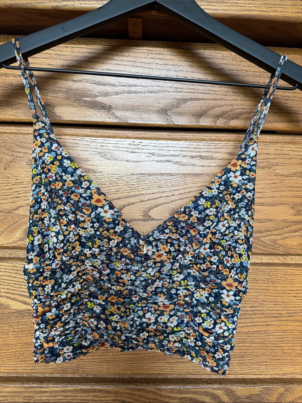 Urban Outfitters Navy Floral Ruched V-Neck Crop Camisole